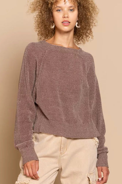 POL Round Neck Backless Sweater with Ribbed Edge - Bitsy Gypsy Boutique