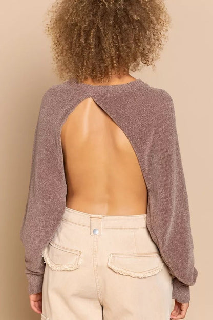 POL Round Neck Backless Sweater with Ribbed Edge - Bitsy Gypsy Boutique