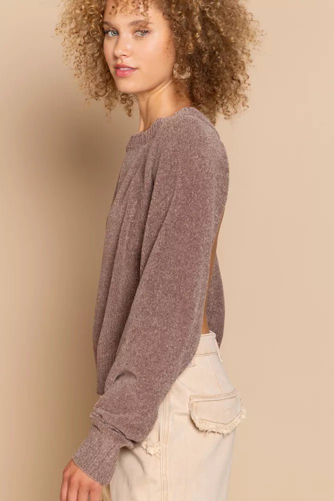 POL Round Neck Backless Sweater with Ribbed Edge - Bitsy Gypsy Boutique