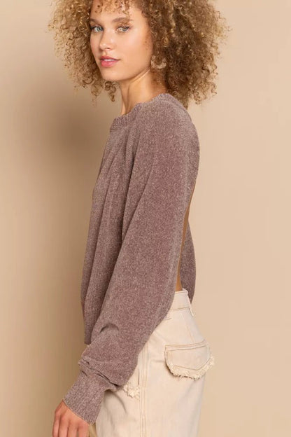 POL Round Neck Backless Sweater with Ribbed Edge - Bitsy Gypsy Boutique