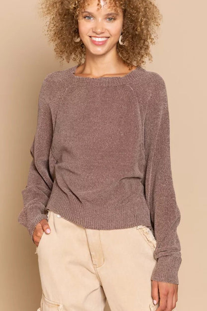 POL Round Neck Backless Sweater with Ribbed Edge - Bitsy Gypsy Boutique