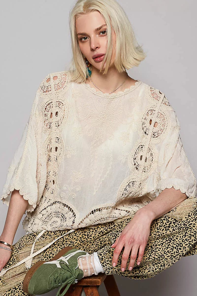 POL Round Neck Crochet Top with Floral Embroidery Detail - Bitsy Gypsy Boutique