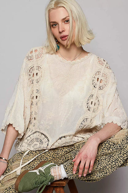 POL Round Neck Crochet Top with Floral Embroidery Detail - Bitsy Gypsy Boutique
