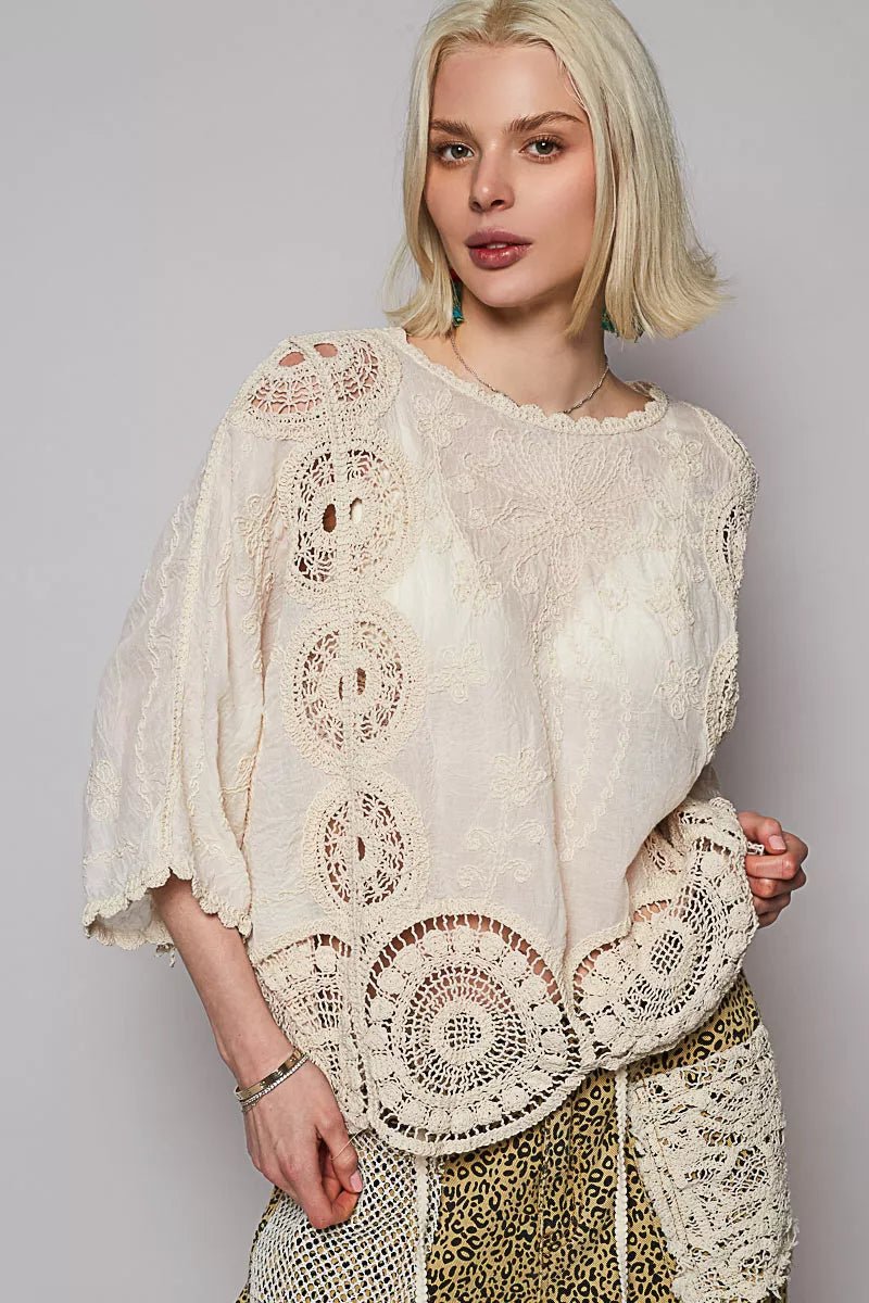 POL Round Neck Crochet Top with Floral Embroidery Detail - Bitsy Gypsy Boutique