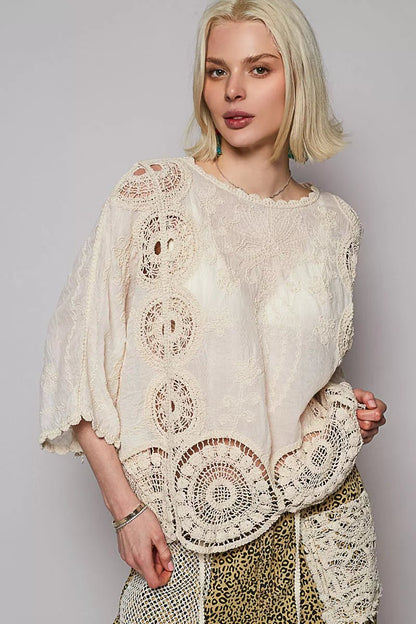 POL Round Neck Crochet Top with Floral Embroidery Detail - Bitsy Gypsy Boutique