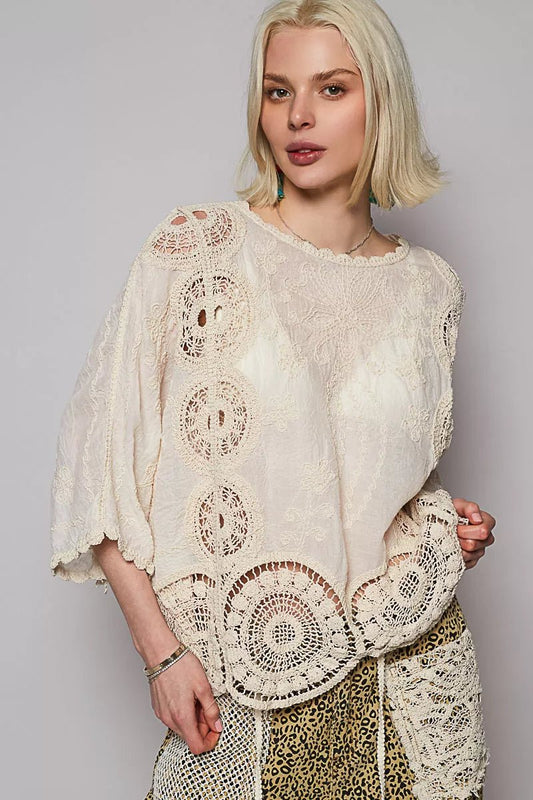POL Round Neck Crochet Top with Floral Embroidery Detail - Bitsy Gypsy Boutique