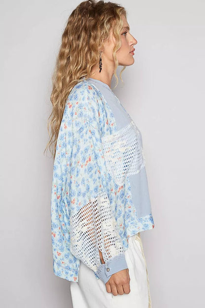 POL Round Neck Cropped Gauze Floral Pattern Top with Overlock Stitch Detail - Bitsy Gypsy Boutique