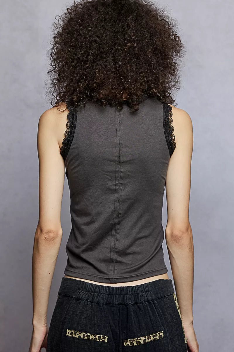 POL Round Neck Cropped Tank with Lace Trim - Bitsy Gypsy Boutique