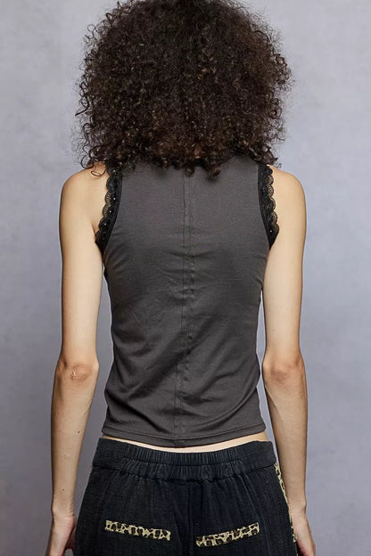 POL Round Neck Cropped Tank with Lace Trim - Bitsy Gypsy Boutique