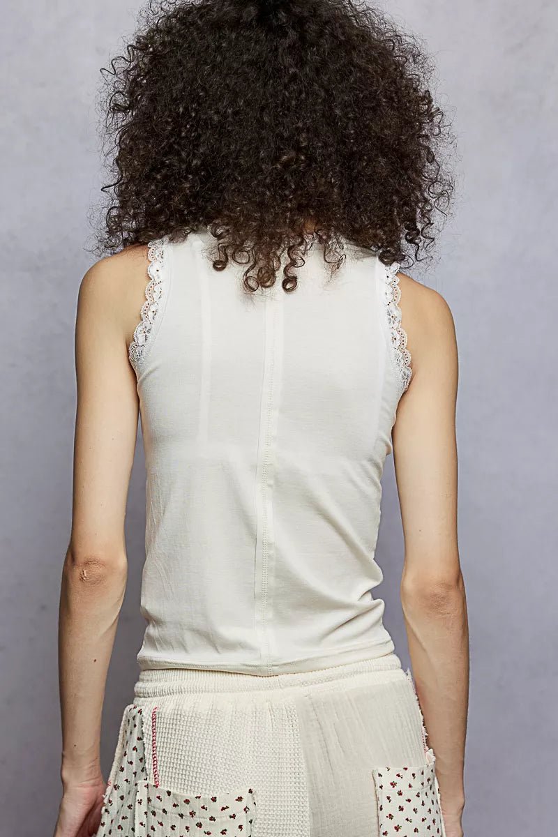 POL Round Neck Cropped Tank with Lace Trim - Bitsy Gypsy Boutique