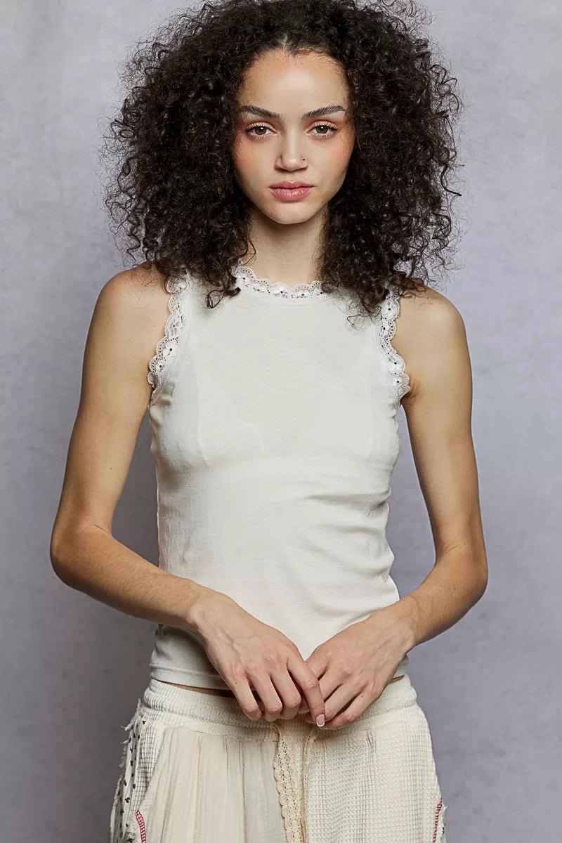 POL Round Neck Cropped Tank with Lace Trim - Bitsy Gypsy Boutique