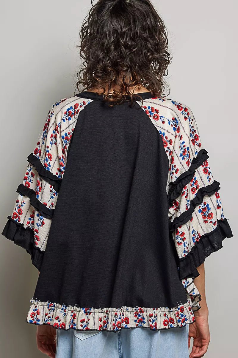 POL Round Neck Half Sleeve Contrast Floral Lace Oversized Knit Top - Bitsy Gypsy Boutique
