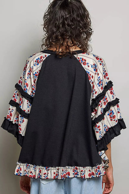 POL Round Neck Half Sleeve Contrast Floral Lace Oversized Knit Top - Bitsy Gypsy Boutique