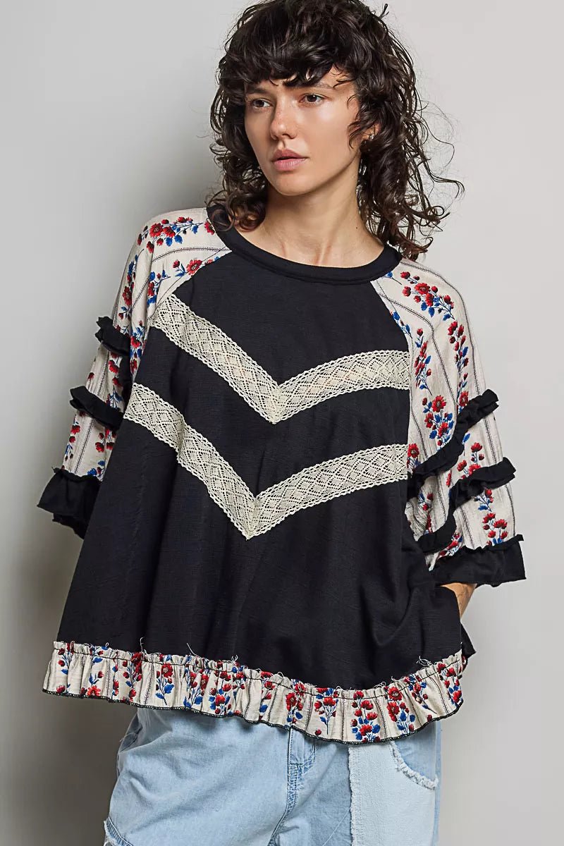 POL Round Neck Half Sleeve Contrast Floral Lace Oversized Knit Top - Bitsy Gypsy Boutique