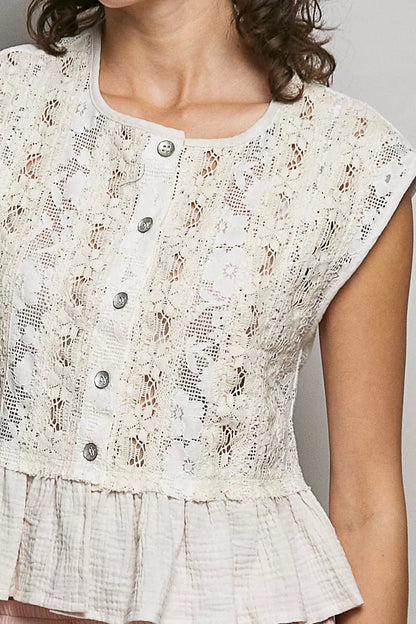 POL Round Neck Lace Sleeveless Top with Double Gauze Ruffle - Bitsy Gypsy Boutique