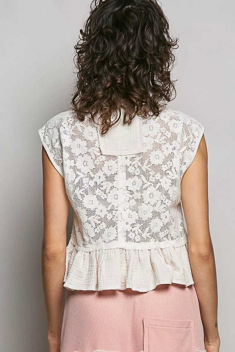 POL Round Neck Lace Sleeveless Top with Double Gauze Ruffle - Bitsy Gypsy Boutique