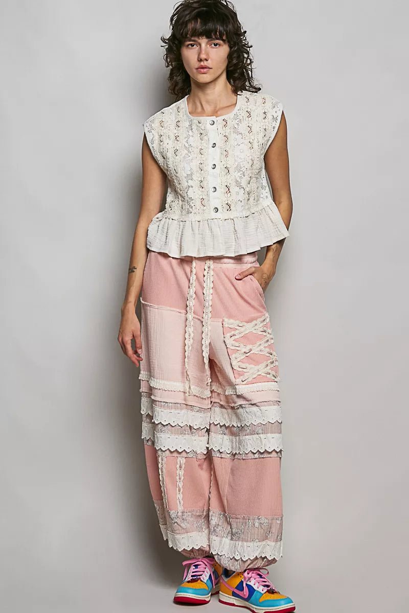 POL Round Neck Lace Sleeveless Top with Double Gauze Ruffle - Bitsy Gypsy Boutique