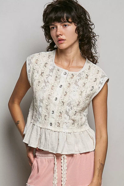 POL Round Neck Lace Sleeveless Top with Double Gauze Ruffle - Bitsy Gypsy Boutique