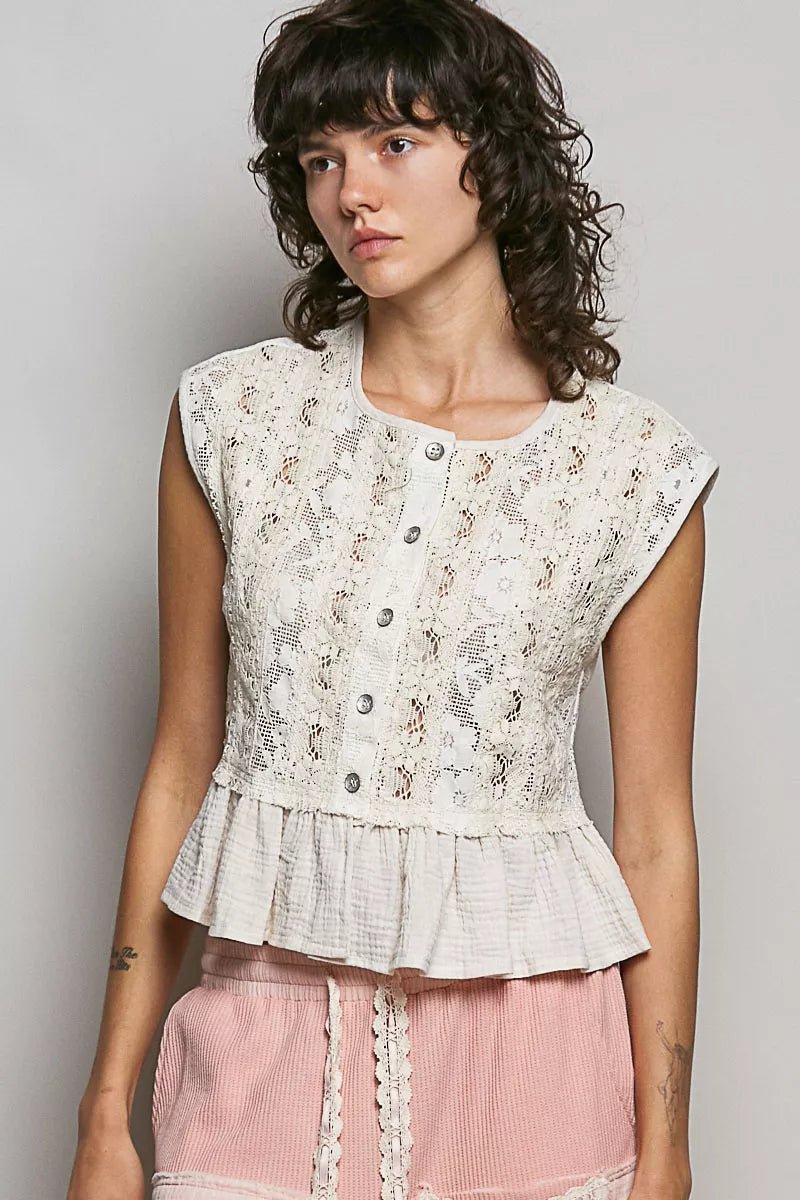 POL Round Neck Lace Sleeveless Top with Double Gauze Ruffle - Bitsy Gypsy Boutique