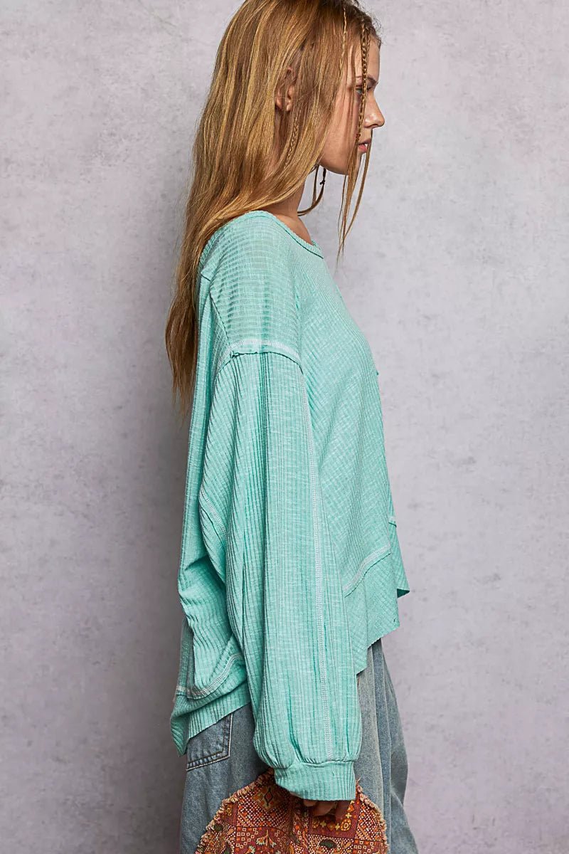 POL Round Neck Long Sleeve Exposed Seam Top with Chest Pocket - Bitsy Gypsy Boutique