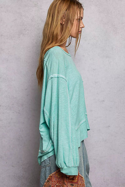 POL Round Neck Long Sleeve Exposed Seam Top with Chest Pocket - Bitsy Gypsy Boutique
