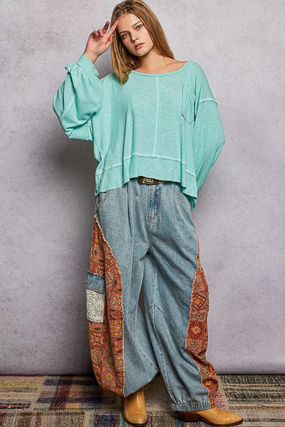 POL Round Neck Long Sleeve Exposed Seam Top with Chest Pocket - Bitsy Gypsy Boutique