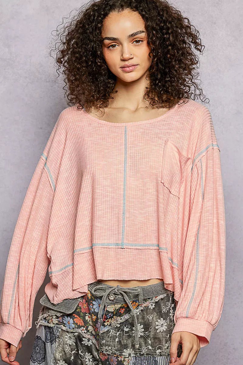 POL Round Neck Long Sleeve Exposed Seam Top with Chest Pocket - Bitsy Gypsy Boutique