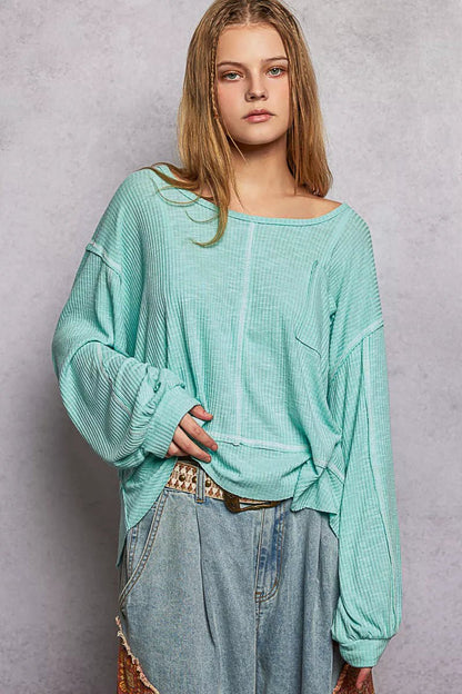 POL Round Neck Long Sleeve Exposed Seam Top with Chest Pocket - Bitsy Gypsy Boutique