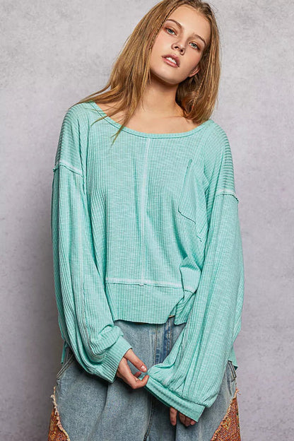 POL Round Neck Long Sleeve Exposed Seam Top with Chest Pocket - Bitsy Gypsy Boutique