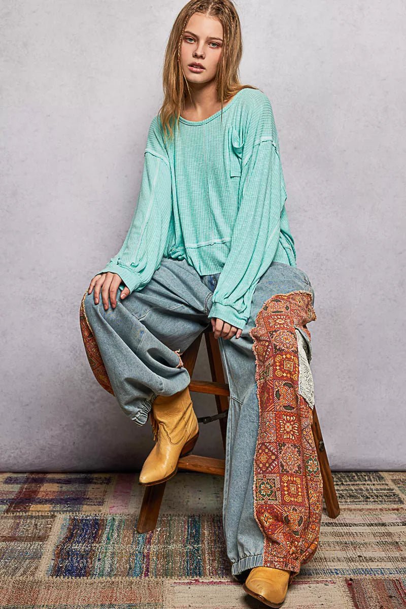 POL Round Neck Long Sleeve Exposed Seam Top with Chest Pocket - Bitsy Gypsy Boutique