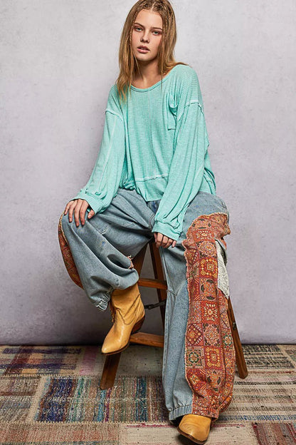 POL Round Neck Long Sleeve Exposed Seam Top with Chest Pocket - Bitsy Gypsy Boutique