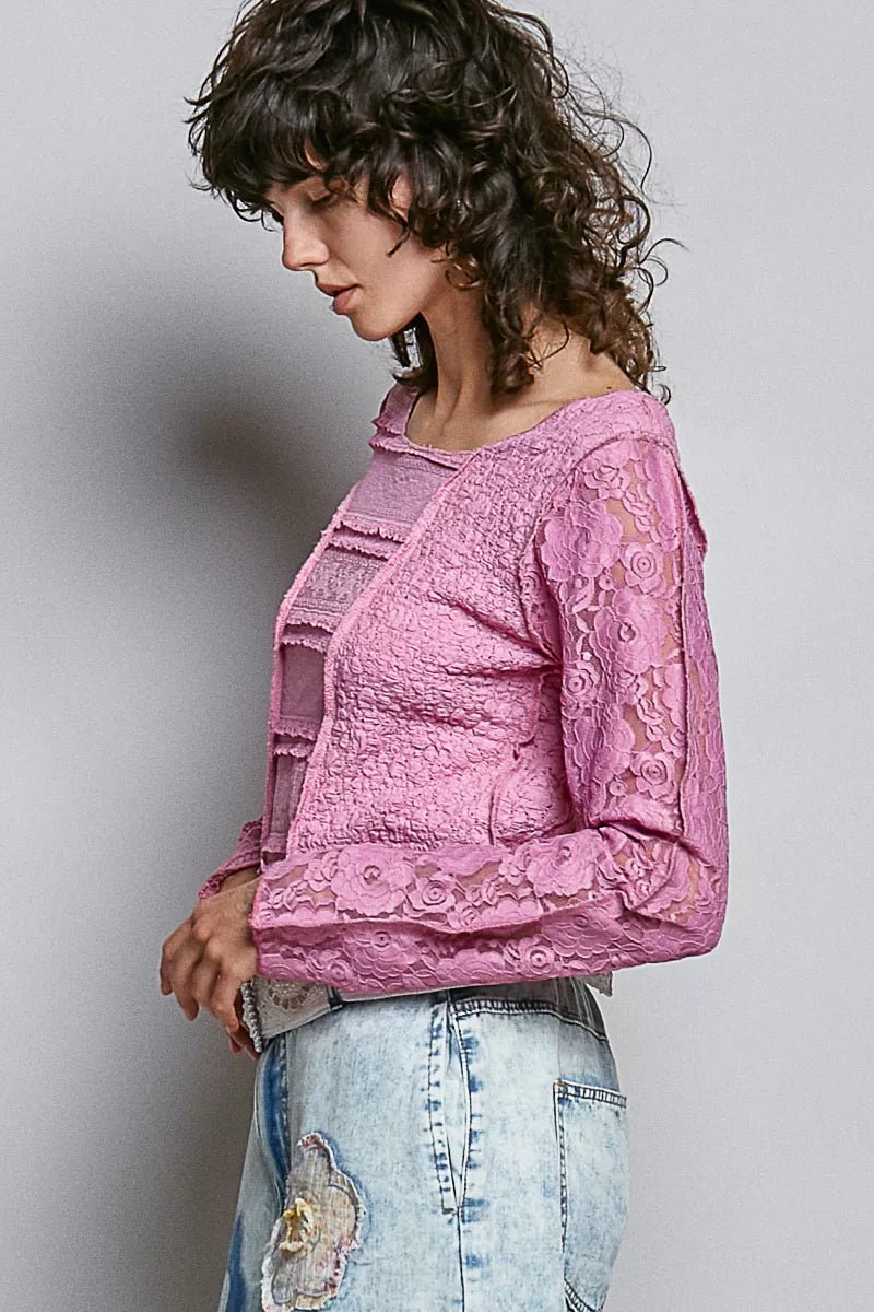 POL Round Neck Long Sleeve Exposed Seam Top with Lace Detail - Bitsy Gypsy Boutique
