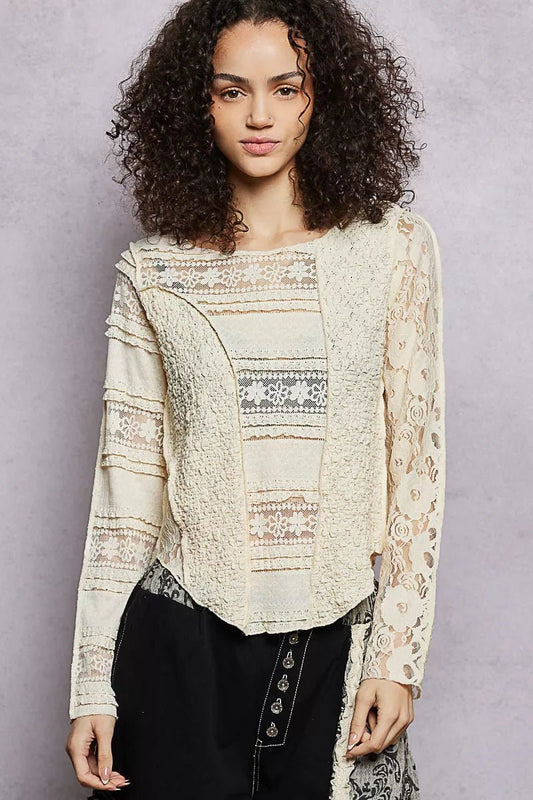 POL Round Neck Long Sleeve Exposed Seam Top with Lace Detail - Bitsy Gypsy Boutique