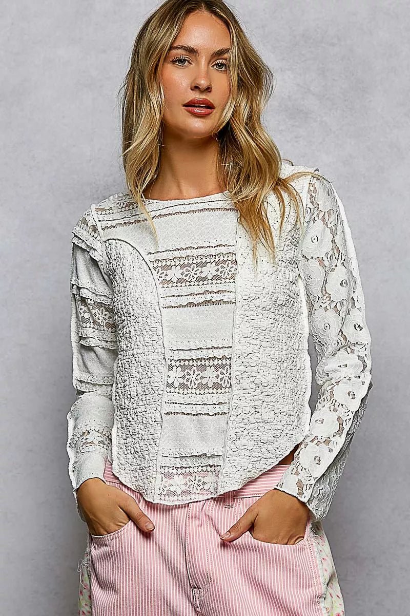 POL Round Neck Long Sleeve Exposed Seam Top with Lace Detail - Bitsy Gypsy Boutique