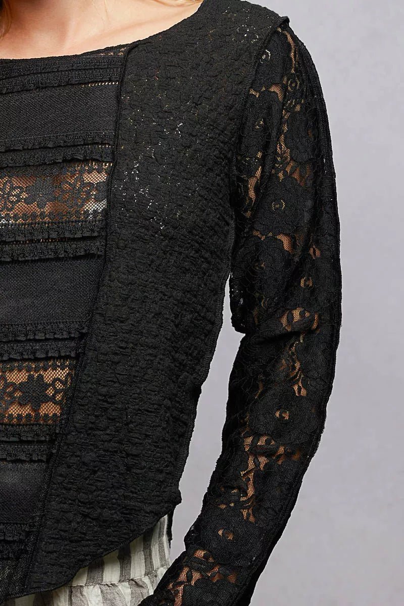 POL Round Neck Long Sleeve Exposed Seam Top with Lace Detail - Bitsy Gypsy Boutique