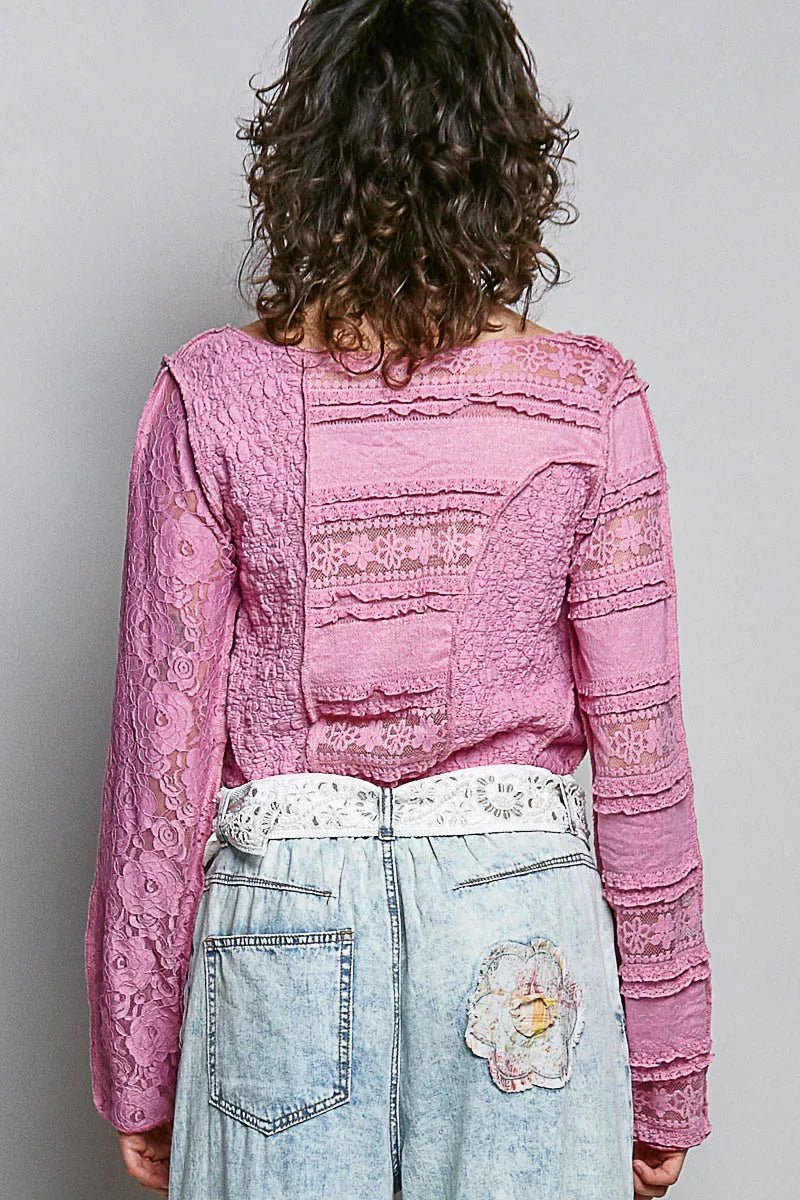 POL Round Neck Long Sleeve Exposed Seam Top with Lace Detail - Bitsy Gypsy Boutique