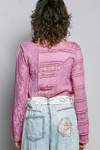 POL Round Neck Long Sleeve Exposed Seam Top with Lace Detail - Bitsy Gypsy Boutique