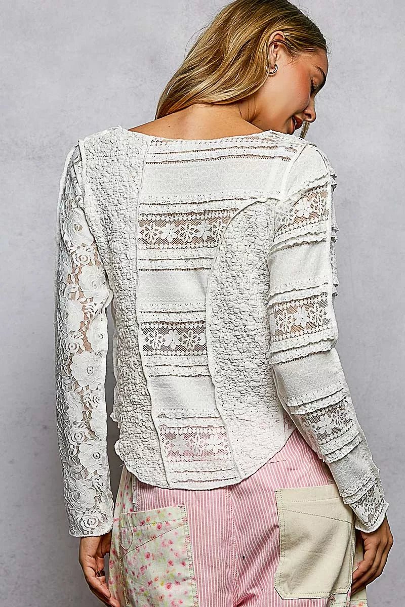 POL Round Neck Long Sleeve Exposed Seam Top with Lace Detail - Bitsy Gypsy Boutique