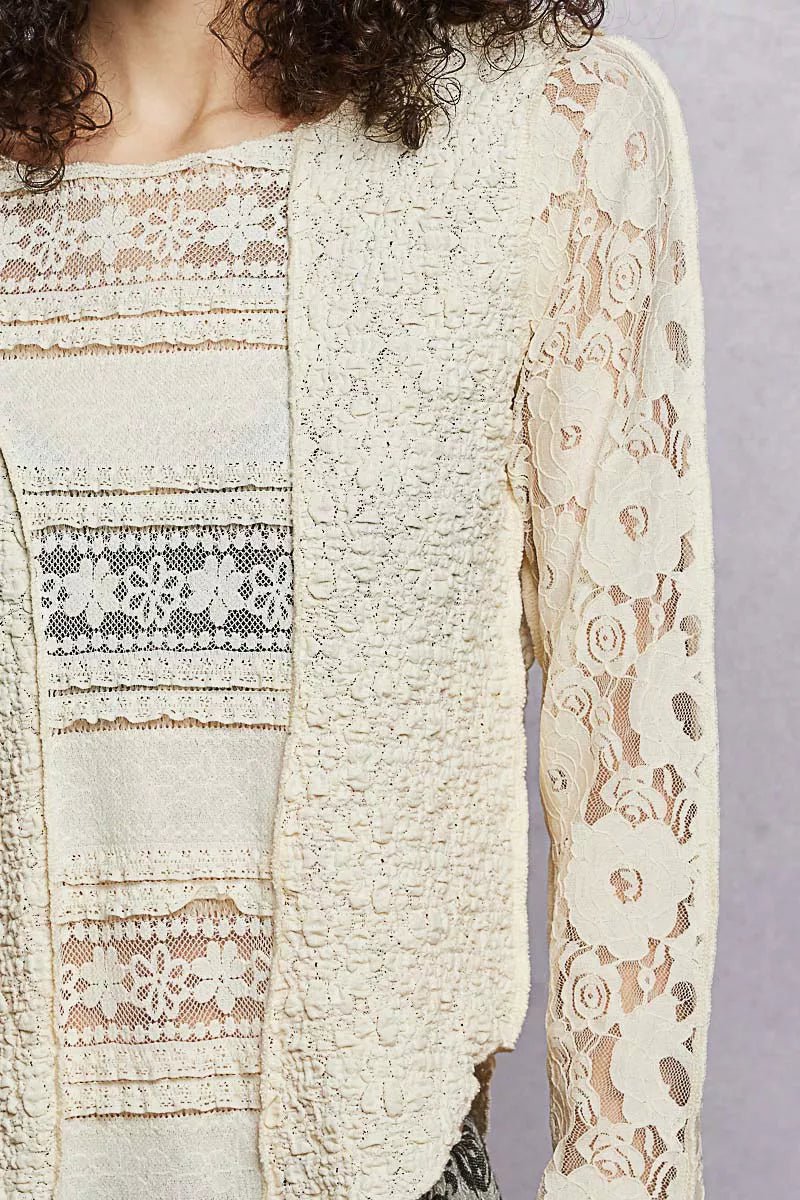 POL Round Neck Long Sleeve Exposed Seam Top with Lace Detail - Bitsy Gypsy Boutique