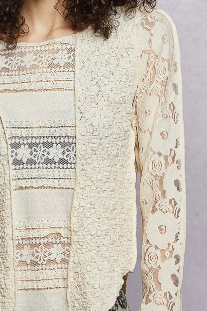 POL Round Neck Long Sleeve Exposed Seam Top with Lace Detail - Bitsy Gypsy Boutique