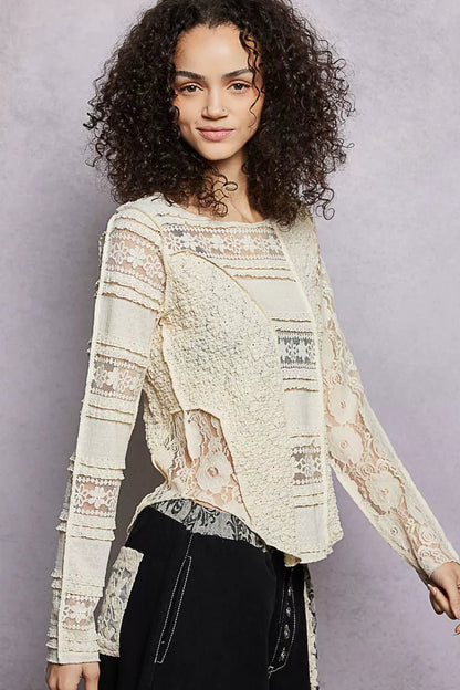 POL Round Neck Long Sleeve Exposed Seam Top with Lace Detail - Bitsy Gypsy Boutique
