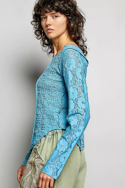 POL Round Neck Long Sleeve Exposed Seam Top with Lace Detail - Bitsy Gypsy Boutique