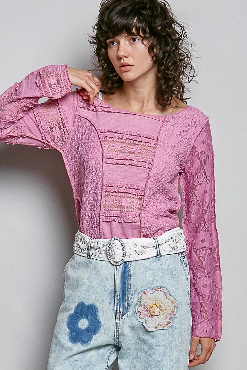 POL Round Neck Long Sleeve Exposed Seam Top with Lace Detail - Bitsy Gypsy Boutique