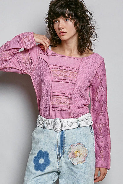 POL Round Neck Long Sleeve Exposed Seam Top with Lace Detail - Bitsy Gypsy Boutique