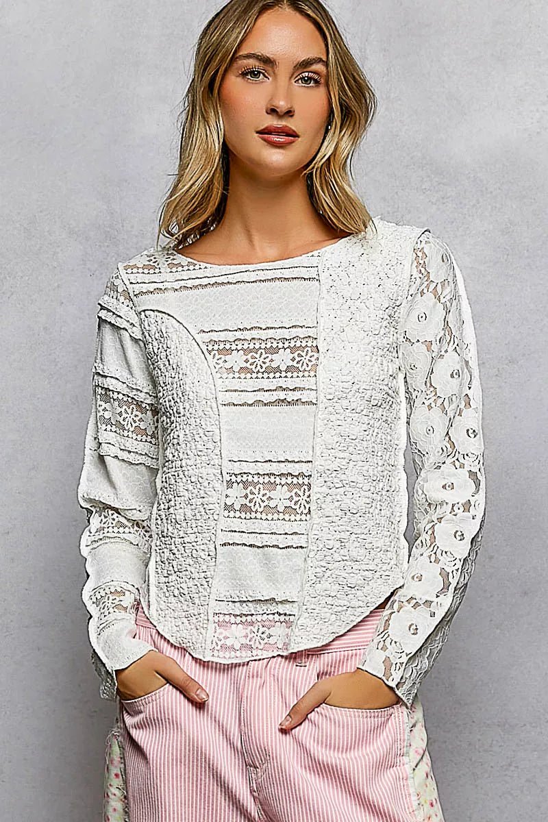 POL Round Neck Long Sleeve Exposed Seam Top with Lace Detail - Bitsy Gypsy Boutique