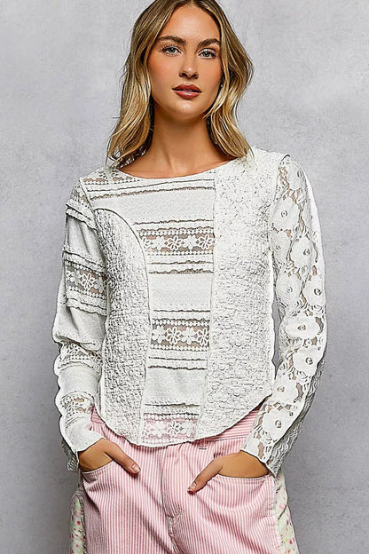 POL Round Neck Long Sleeve Exposed Seam Top with Lace Detail - Bitsy Gypsy Boutique