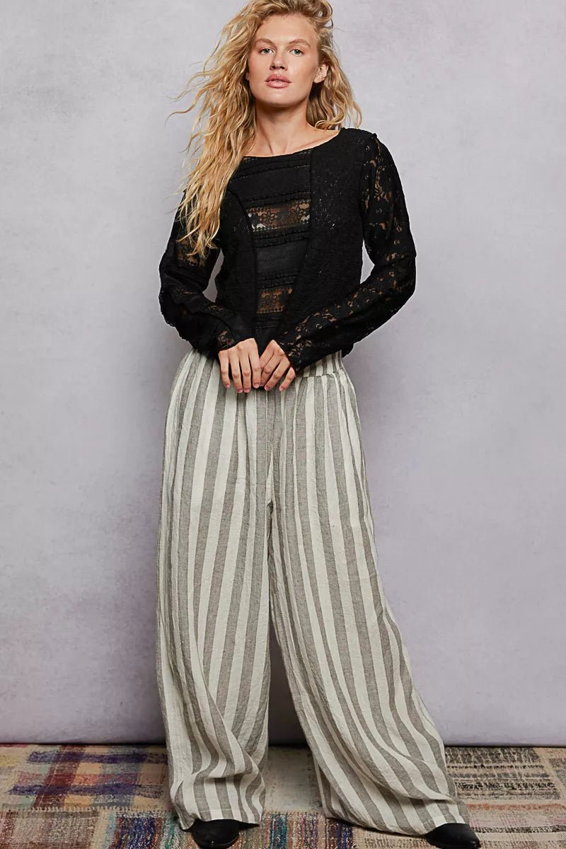 POL Round Neck Long Sleeve Exposed Seam Top with Lace Detail - Bitsy Gypsy Boutique