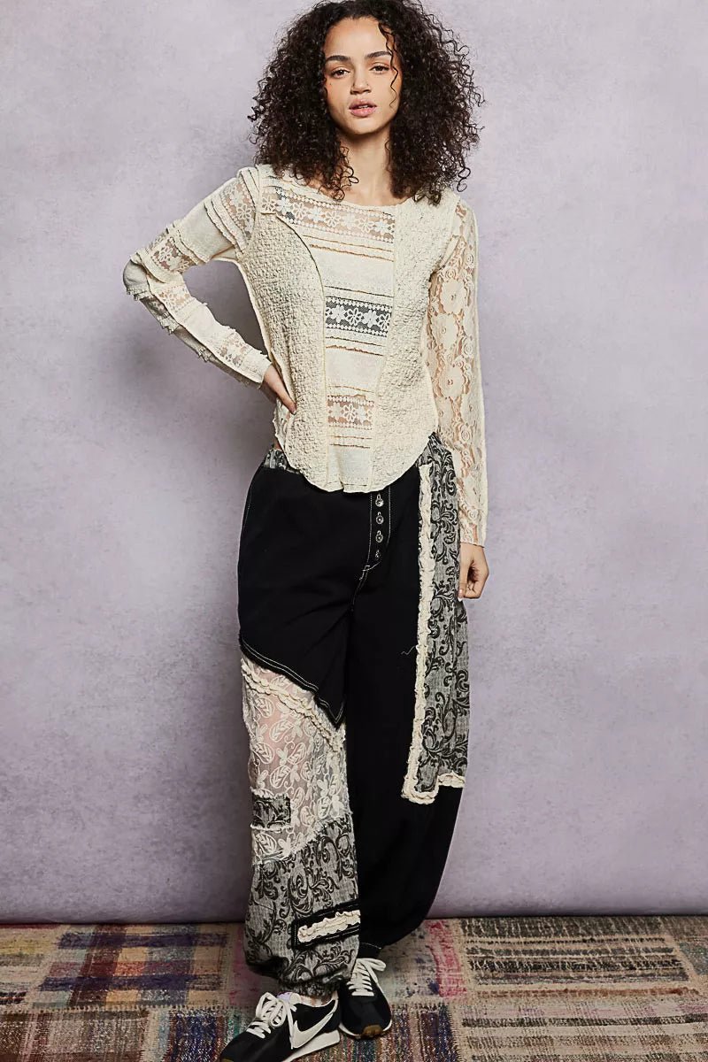 POL Round Neck Long Sleeve Exposed Seam Top with Lace Detail - Bitsy Gypsy Boutique