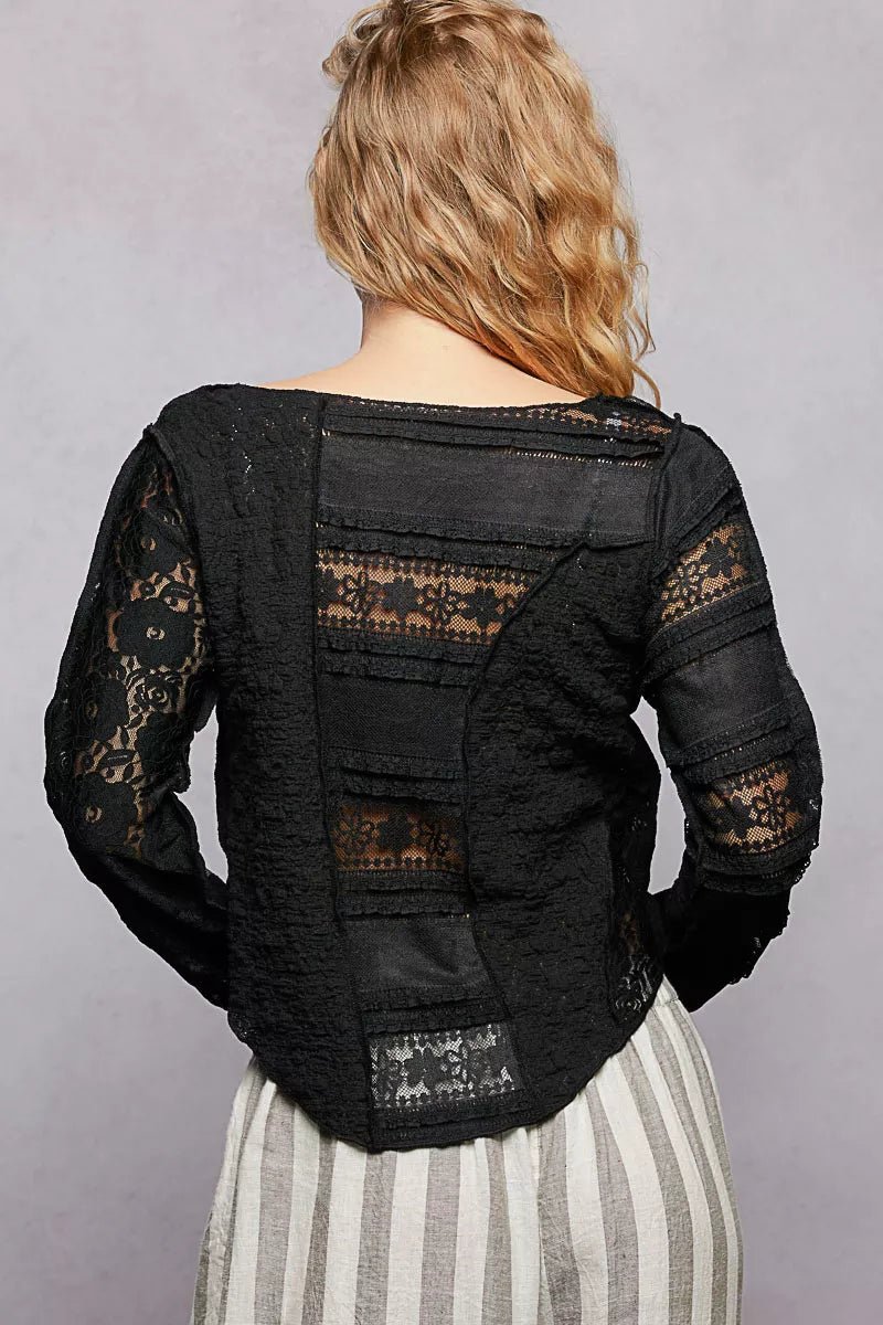 POL Round Neck Long Sleeve Exposed Seam Top with Lace Detail - Bitsy Gypsy Boutique