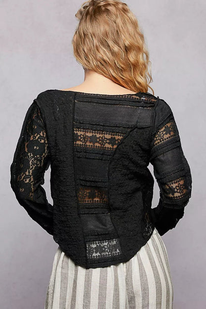 POL Round Neck Long Sleeve Exposed Seam Top with Lace Detail - Bitsy Gypsy Boutique